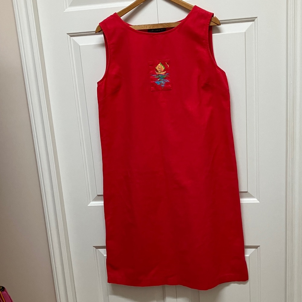 Sag Harbour summer dress, sleeveless shift, scoop neck, linen blend, red